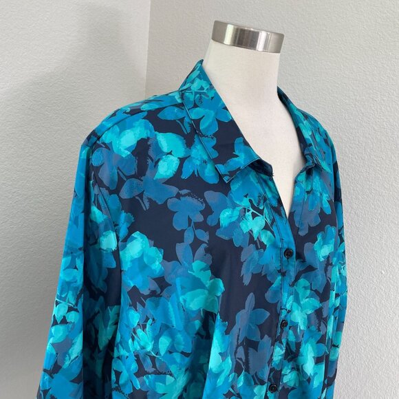 Catherines Womens Plus 3X Blouse Leaf Floral Print Roll Tab Sleeve Shirt Top - Picture 2 of 11